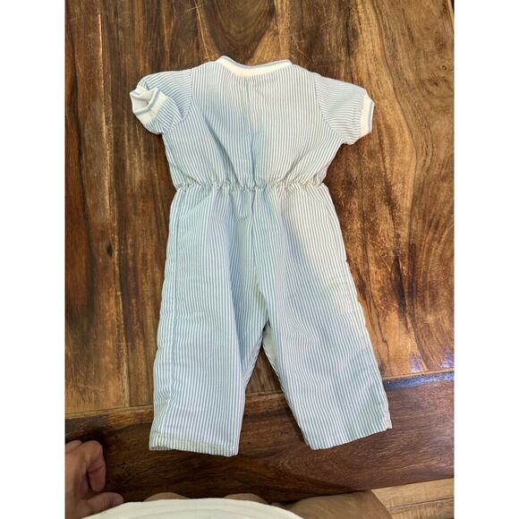 Vintage Buster Brown Blue White Stripe seersucker Jumpsuit Size 3-6 Mths 80s 90s - Picture 7 of 7